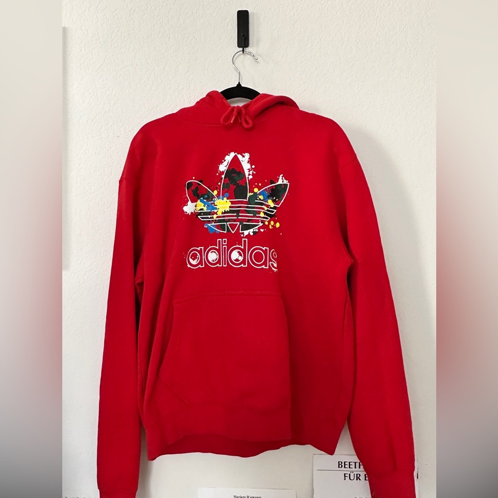 ADIDAS ORIGINALS TREFOIL HOODIE MEN’S M RED GRAFFITI PAINT SPLATTER SWEATSHIRT